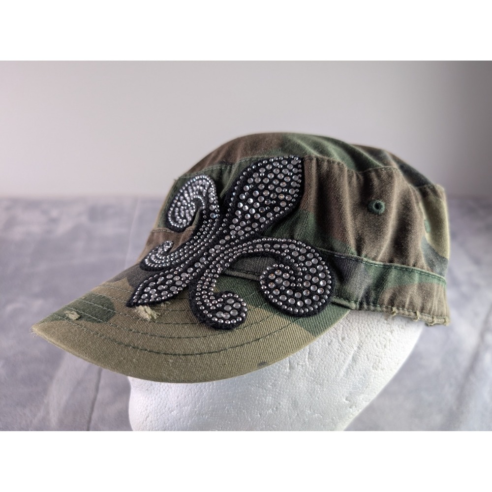 Camo Military Cadet Hat Rhinestone Fleur De Lis Distressed Adjustable Cap